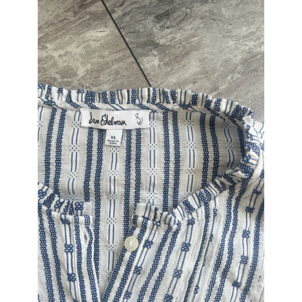Sam Edelman Women's XL Blue White Striped Cotton Ruffle Peplum Blouse - Picture 2 of 8